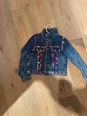 Lola + The Boys Dark Blue Embellished Denim Jacket with Multicolor Gems